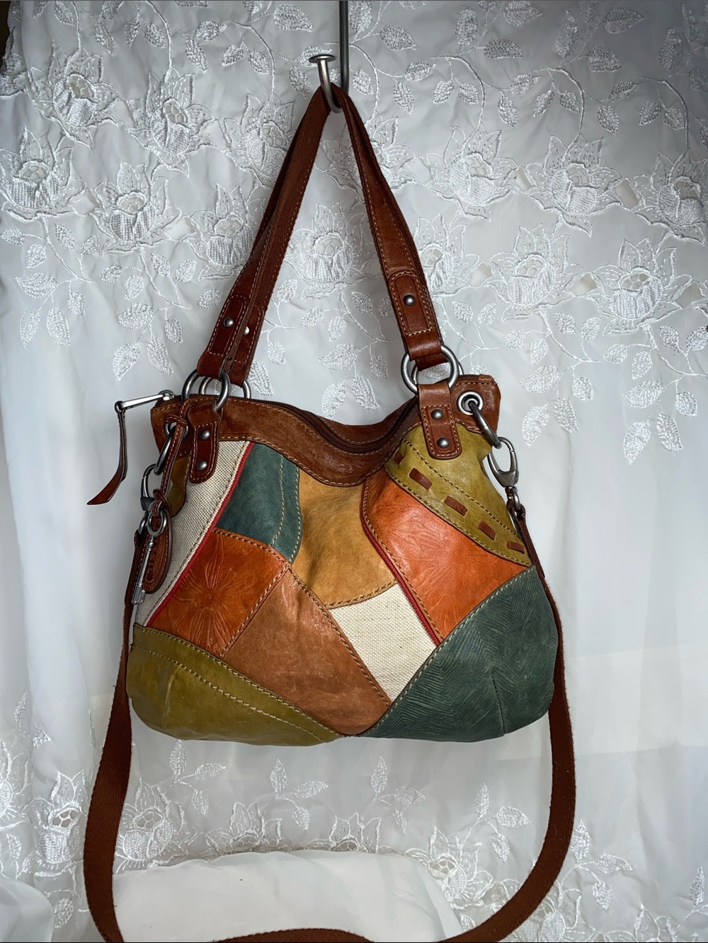 Fossil Patchwork Leather Shoulder Bag - Green, Brown, Tan, Orange